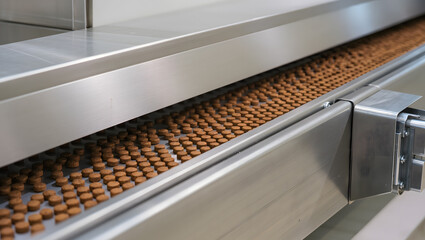 Pet food kibbles on stainless steel conveyor line during manufacturing