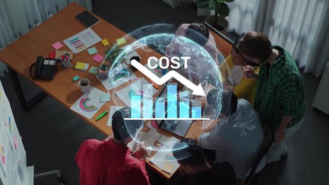 Engaging business meeting showcasing a diverse team analyzing performance metrics and discussing strategies for cost reduction within a modern workspace. Raster