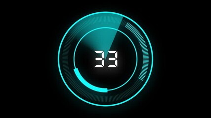 Cyan Digital Timer Countdown Circle With Number 1 to 100 On Black Background clock. Animated countdown timer shows cyan circle with numbers 1 to 100 creating sleek and engaging black. clock effect.