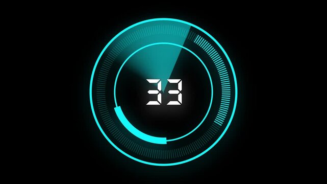 Cyan Digital Timer Countdown Circle With Number 1 to 100 On Black Background clock. Animated countdown timer shows cyan circle with numbers 1 to 100 creating sleek and engaging black. clock effect.