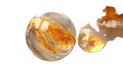 Fototapeta premium Golden egg decoration in a glass of water, isolated on white, with a fresh, raw appearance suitable for an Easter or food concept