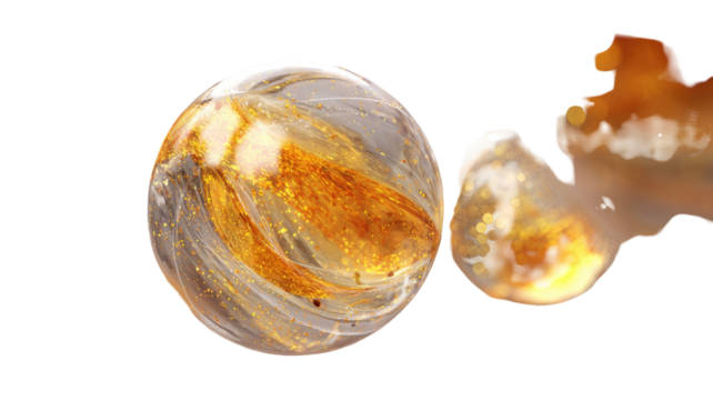 Golden egg decoration in a glass of water, isolated on white, with a fresh, raw appearance suitable for an Easter or food concept