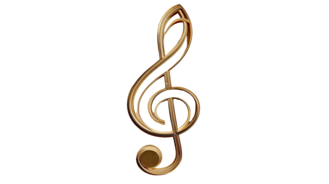 Golden 3D musical treble clef symbol with metallic gold design on a white background