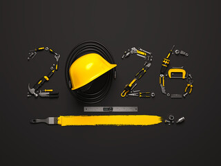Creative 2026 New Year design template on engineering, construction, interior finishing, repair and maintenance theme. 3d render illustration for a greeting card, calendar or banner.
