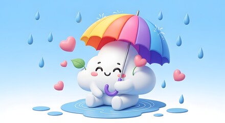 Adorable 3D cloud character enjoying the rain under a colorful rainbow umbrella. Happy weather concept. Cute cartoon cloud sitting in a puddle with hearts