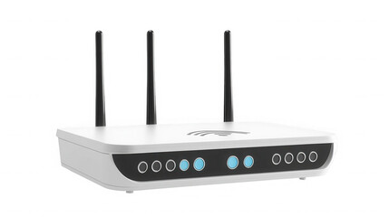Modern white wireless router with three antennas isolated on transparent background