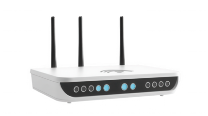 Modern white wireless router with three antennas isolated on transparent background