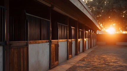 Rustic horse stable with multiple stalls and open doors bathed in the warm glow of a setting sun creating a serene rural atmosphere