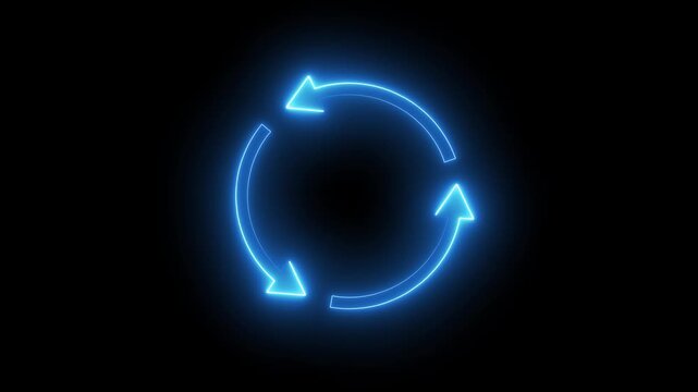 Blue Neon Circular Arrows Icon Representing Recycling or Refresh on animation Black Background. Circular arrows pulse in blue neon producing bold animated recycling or refresh motion visuals.