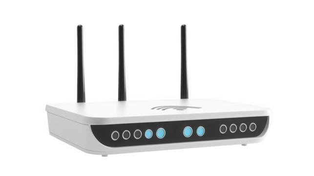 Modern white wireless router with three antennas isolated on transparent background - Powered by Adobe