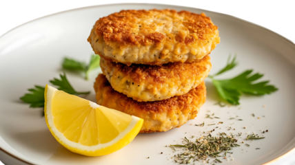 Crispy golden fried fish cakes stacked on a white plate with fresh lemon wedge and herbs, isolated for culinary presentation isolated on transparent background