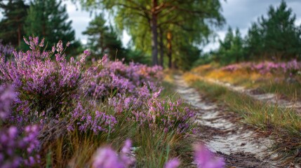 Obraz premium Serene Pathway Through Blooming Heather in a Lush Forest Landscape
