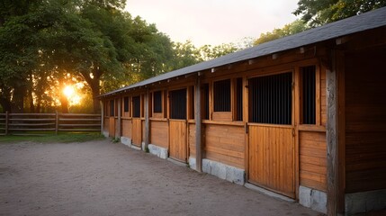 Rustic wooden stable with stalls illuminated by warm sunset light in a tranquil rural setting