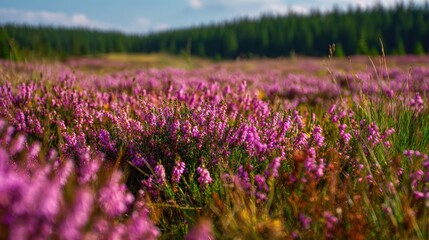 Obraz premium Vibrant Heather Fields in Bloom: A Serene Landscape of Purple Hues and Nature's Splendor