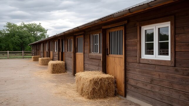 Rustic wooden stables with straw bales in front set against a cloudy sky