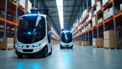 Autonomous forklifts moving materials in organized smart warehouse