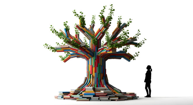 Book tree with woman silhouette, conceptual image of education - Powered by Adobe