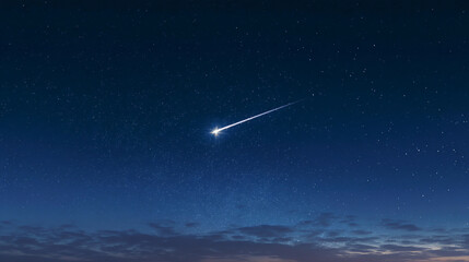 A bright meteor streaks across the night sky amidst a field of twinkling stars above clouds