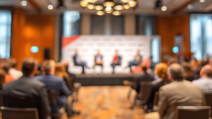 A blurred image of a panel discussion taking place at a business conference. High quality