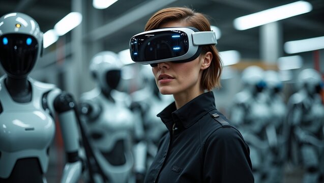 Woman using AR headset to monitor robotic production units