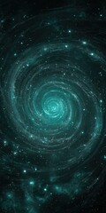 Teal spiral galaxy with bright center, speckled with light, swirling into darkness