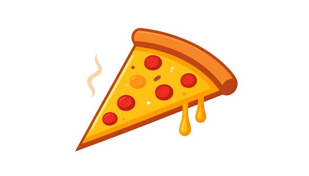 Animated slice of pizza, complete with crust, toppings, and cheese dripping off the edge. Steam rises from the hot food