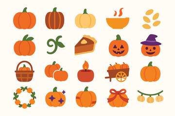 Set of Halloween and Fall Pumpkin Icons with Autumn Elements