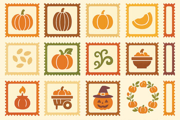 Pumpkin and Fall Icon Set with Autumn Elements and Halloween Symbols