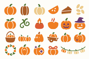 Set of Halloween and Fall Pumpkin Icons with Autumn Elements