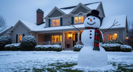 A snowman with a scarf and hat stands in a snowy yard in front of a house with illuminated windows.