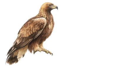 Isolated portrait of a golden eagle and red-tailed hawk raptor bird of prey with brown and white feathers wings against a white background