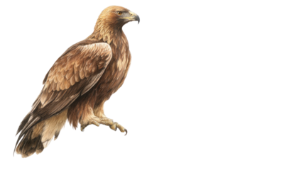 Isolated portrait of a golden eagle and red-tailed hawk raptor bird of prey with brown and white feathers wings against a white background