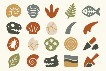 Nature and Fossil Icons Collection with Leaves, Shells, and Bones
