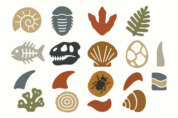 Nature and Fossil Icons Collection with Leaves, Shells, and Bones