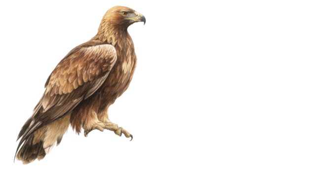 Isolated portrait of a golden eagle and red-tailed hawk raptor bird of prey with brown and white feathers wings against a white background