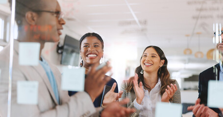 Glass wall, applause and business people in office, celebration and media agency with publication....