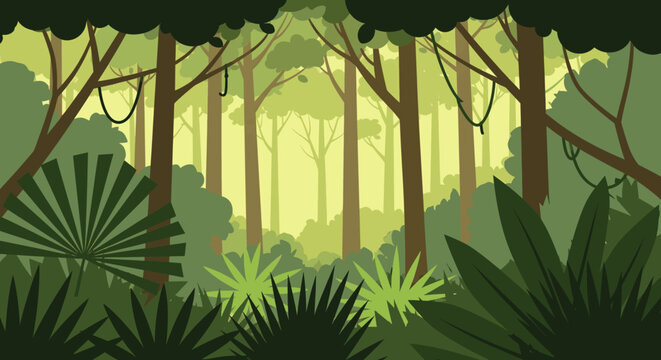 Lush green jungle with tall trees and hanging vines, a dense forest canopy