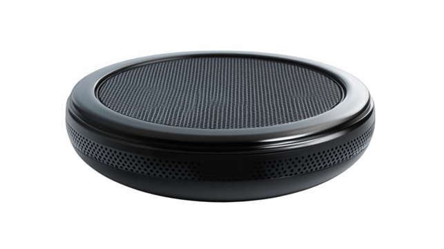 Black round speaker isolated on transparent background for music listening