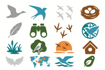Migratory Birds Icons Set with Birds, Binoculars, and Nests