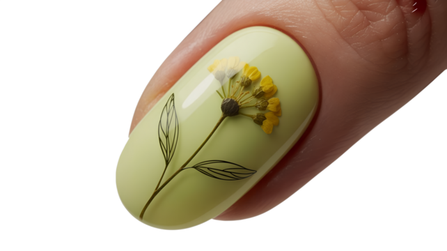 Elegant Hand-Painted Flower on Pastel Green Nails,  Trendy Nature-Inspired Design,
Botanical Leaf and Bloom Nail Creation , Sophisticated Art for Fashion Shoots