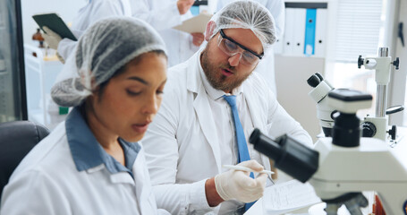 Scientist team, talk and notes at lab with report, feedback and equipment for medical research...