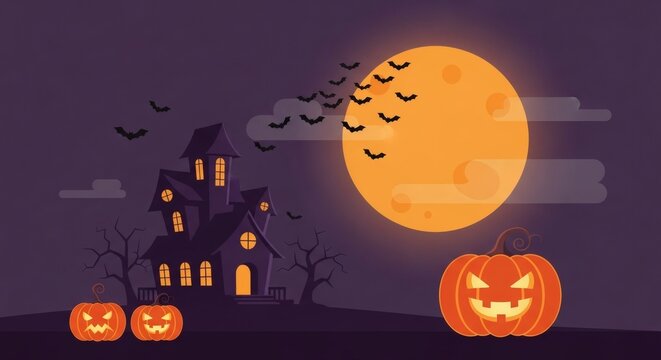 A spooky Halloween night scene with a haunted house, full moon, flying bats, and carved jack-o'-lanterns. - Powered by Adobe