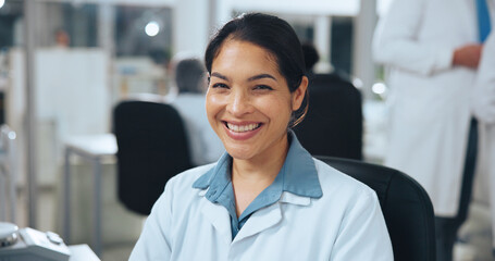 Portrait, woman and scientist with smile in lab for career pride, about us and medical experiment. Happy, person and research for healthcare study, pharmaceutical innovation and vaccine development