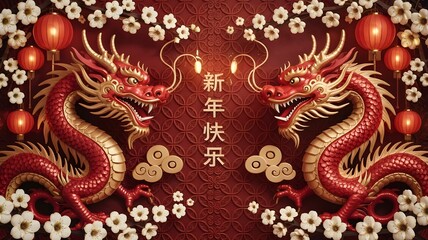Fototapeta premium Two majestic red and gold dragons facing each other with Chinese New Year greetings and cherry blossoms