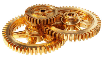 White background 3D render of steel golden gears and cogs for technology, engineering, and teamwork concepts