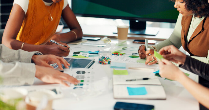 Hands, people and team at climate agency with review, sticky note and documents for sustainability. Group, staff and planning with paperwork, feedback or tablet with graphs for renewable energy - Powered by Adobe