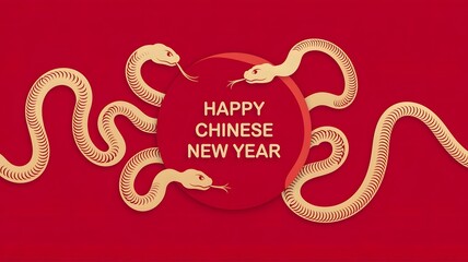 Happy Chinese New Year with a golden snake illustration on a red background