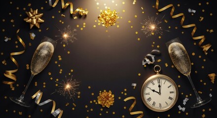 Festive New Year's Eve celebration with champagne flutes, a vintage pocket watch, and sparkling gold confetti and streamers on a dark background.