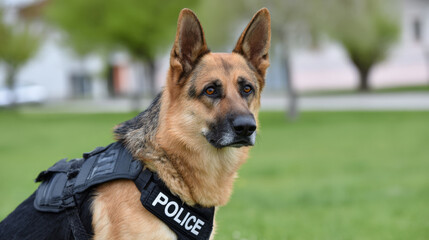 German shepherd police dog wearing tactical vest is alert in grassy area, showcasing loyalty and strength in law enforcement and canine partnership