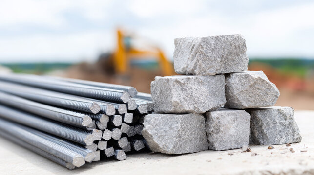 Steel rebar and granite stones are stacked together on a construction site, showcasing essential materials for building projects and infrastructure development